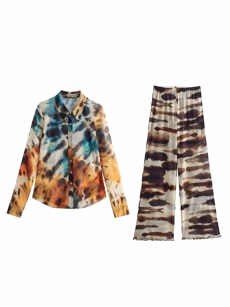 

Women New Fashion tulle Print lapel Casual Blouses Vintage Long Sleeve Button-up Female Shirts Chic Tops + Pants Women's suit
