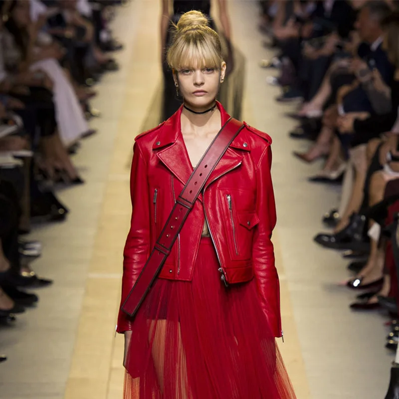 2023 Spring and Autumn lapel women's washed leather coat red short motorcycle suit leather jacket casual coat