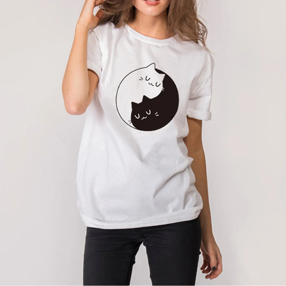 

woman's T-shirt black and white tai chi cat woman o collar T-shirt fashionable men's shirt men's shirt cool woman's shirt