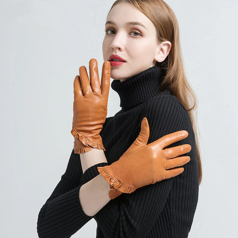 GOURS Winter Real Leather Gloves Women Light Brown Genuine Goatskin Gloves Fashion Fleece Lined Warm Floral Border New GSL054