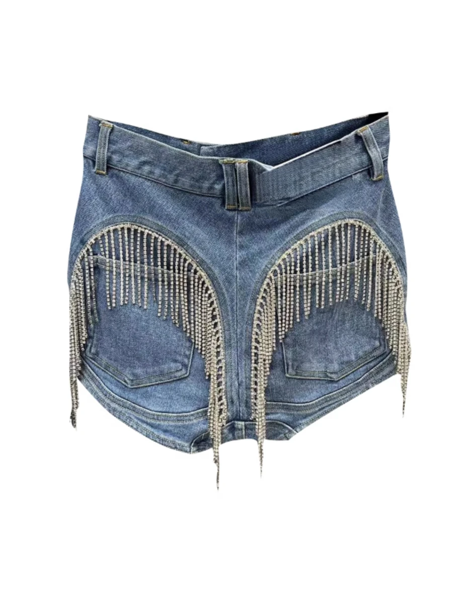 Summer Shorts Women's Heavy Diomand Tassel Pocket Slimming Patchwork Denim Shorts European Style Street Shorts Jeans High Street