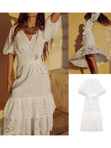 Summer new women's clothing sweet Ruili fashion French puff sleeve V-neck with belt white hollow embroidery mid-length dress