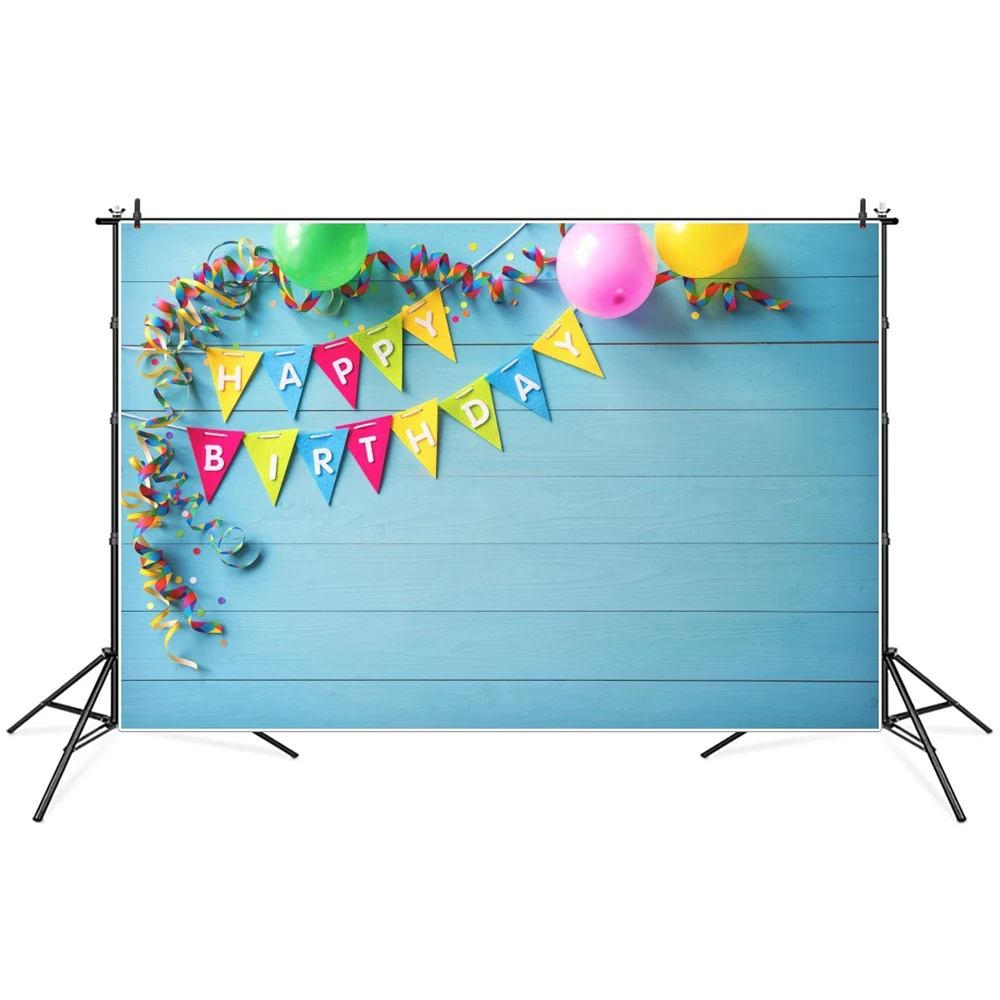 

Blue Bunting Wooden Plank Happy Birthday Decoration Photography Backdrops Banner Custom Balloons Ribbon Party Photo Background