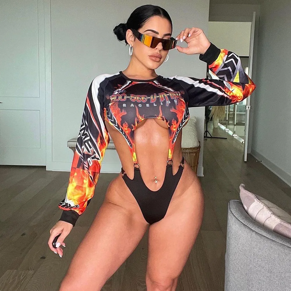 

vintage bodysuit women clothing fire flame print long sleeve sexy cut out hollow out jumpsuit open back rompers streetwear