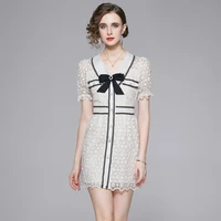new 2022 elegant women embroidery lace dresses female designer bow hit color summer slim high waist simple party mini dress