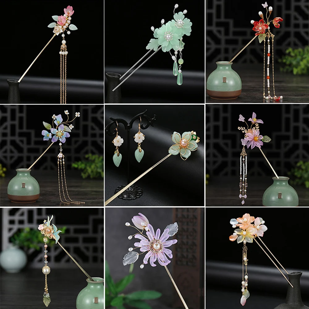 2022 New Chinese Hair Stick Girls Vintage Wedding Hanfu Decor Hairpin Flower Tassel Pearl Hair Bun Chopsticks Bride Hair Jewelry