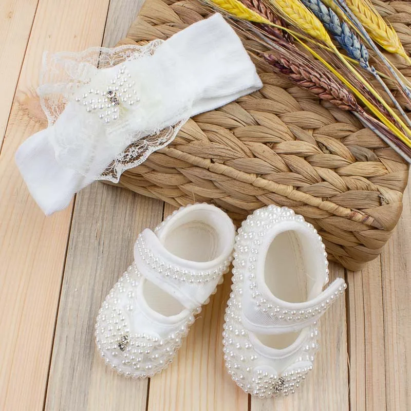 

Cream pearl stone girl baby special day shoes hair band Set