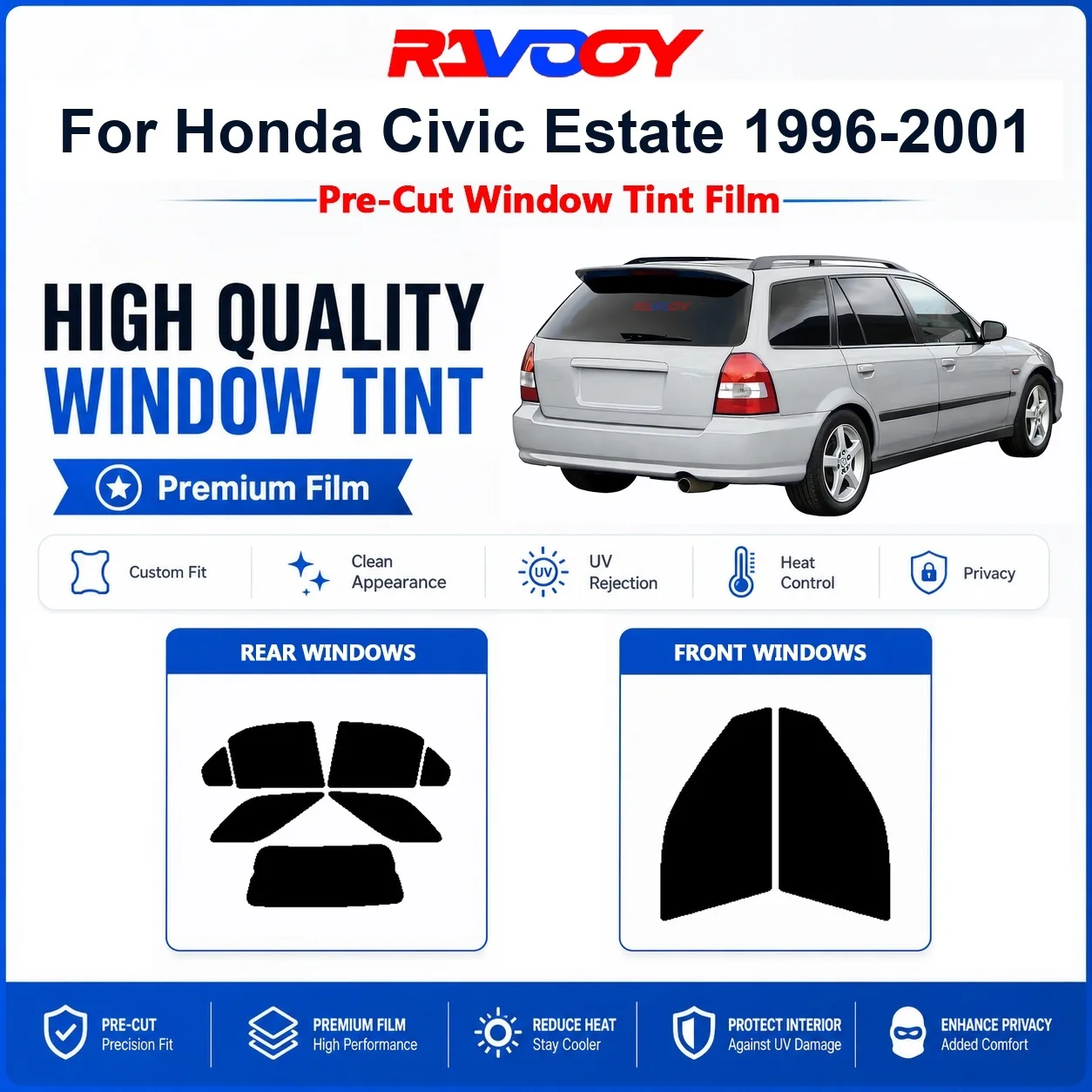 Фото Премиальная предварительно нарезанная тонировочная пленка для Honda Civic Estate 1996-2001, для передних и задних окон, с защитой от УФ-излучения и теплоизоляцией, пленка для обеспечения конфиденциальности. №1