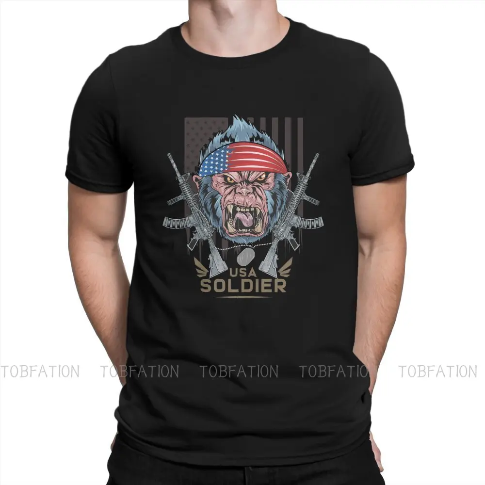 

Gorilla America Usa Flag with Machine Gun Artwork Round Collar TShirt Popularity Trend Fabric Basic T Shirt Man's