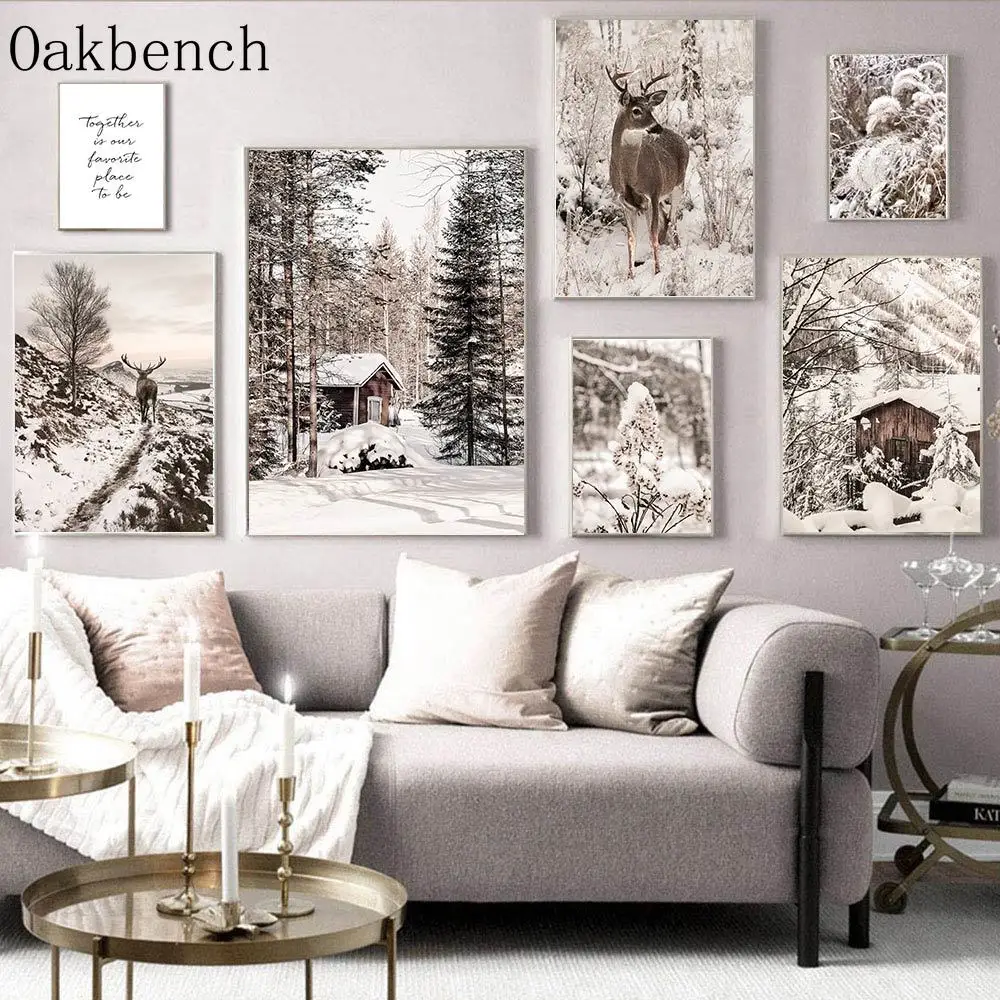 

Настенные картины с изображением снежного пейзажа, дороги, лось, принты с изображением совы, художественный постер на холсте для лесного дома, декор для гостиной в скандинавском стиле