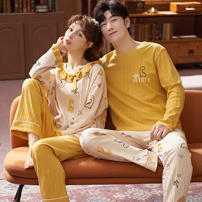 2023 100% cotton couple pajamas women's autumn and winter long-sleeved men's winter two sets can be worn as household clothes
