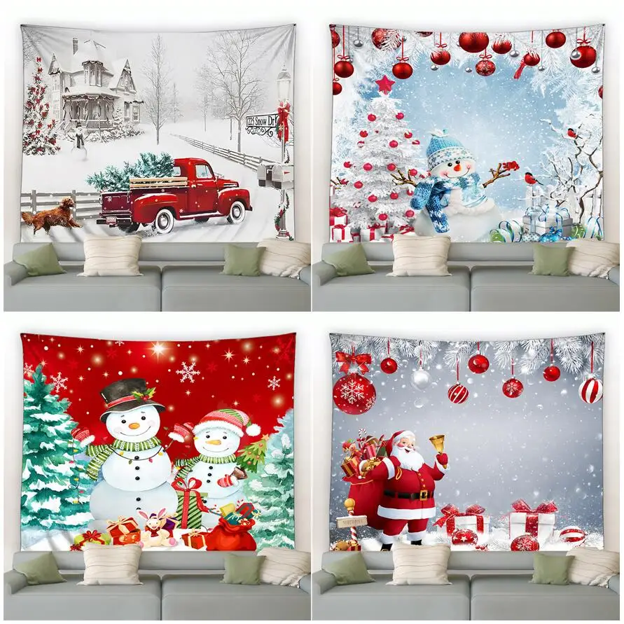 Christmas Tapestry Snowman Santa Claus Xmas Tree Fir Branch Red Truck Winter Scenic New Year Home Living Room Decor Wall Hanging