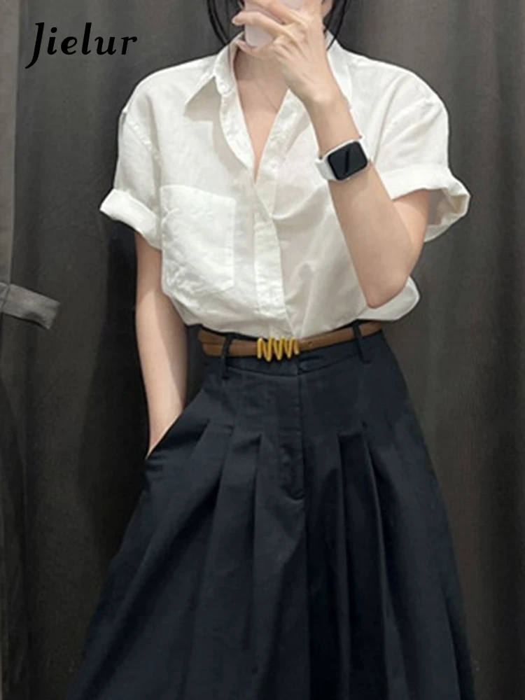 Jielur Летняя новая однотонная тонкая женская рубашка Повседневная Свободная
