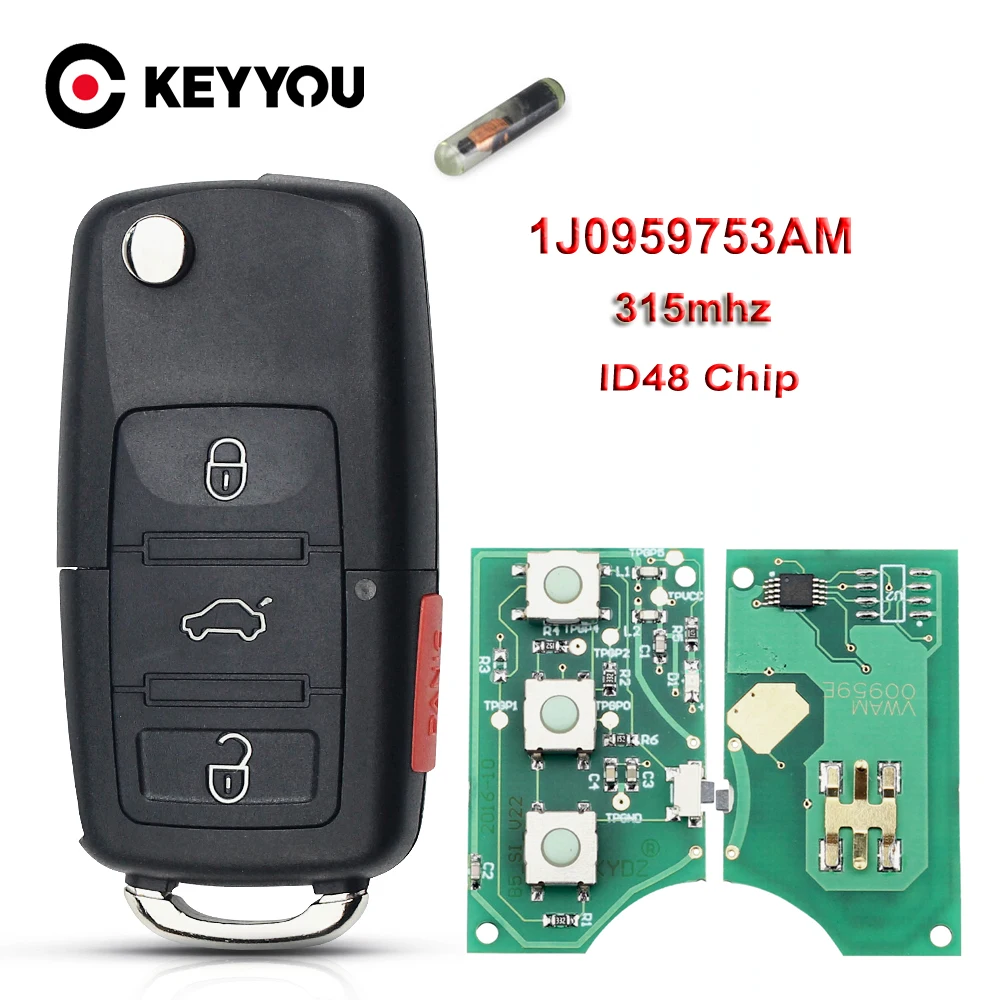 

KEYYOU 1J0959753AM Remote Car Key For VW Beetle Golf Passat Jetta 315Mhz ID48 1J0 959 753 AM 5FA008399-30 2000-2006 3+1 Buttons