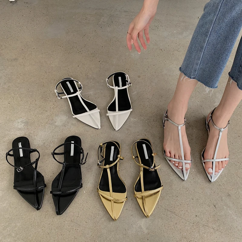 

2023 Brand Women Sandal Fashion Narrow Band Flat Heel Ladies Gladiator Shoes Pointed Toe Ankle Buckle Roman Sandals Zapatos Muje