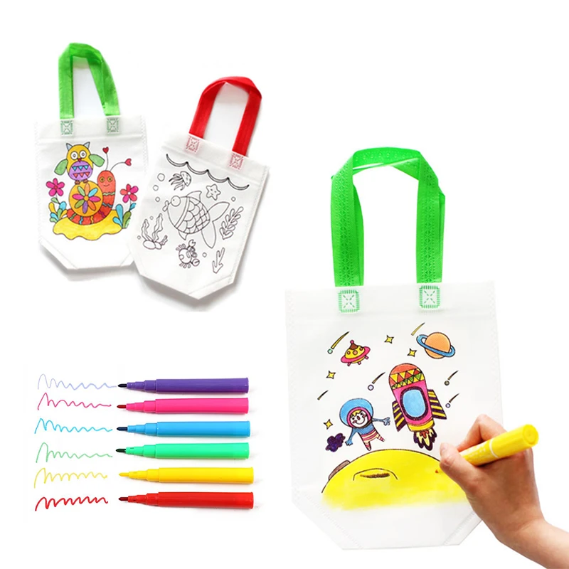 

Children DIY Drawing Manual Color Bag Graffiti Handmade Painting Non-Woven Bag Kids Learn Drawing Watercolor Pen Storage Bag