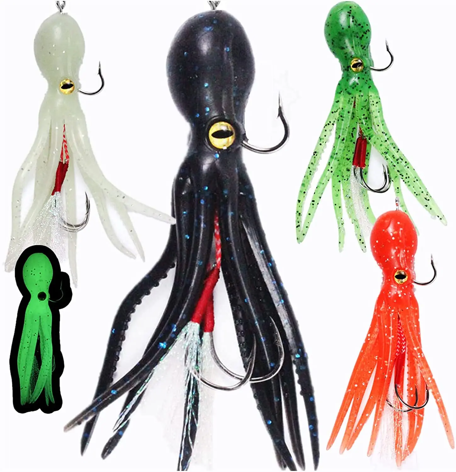 

4 Pcs Large Simulation Squid Fishing Lures Bait Kit,3D Holographic Eyes，Built-in Multicolored Lead BlocksThrough Heavy Duty