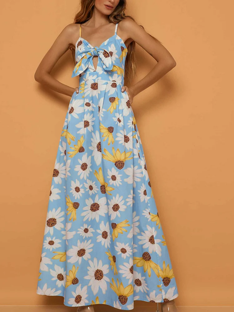 

Женское платье на бретельках с принтом, летнее повседневное длинное платье с открытыми плечами и вырезом на талии