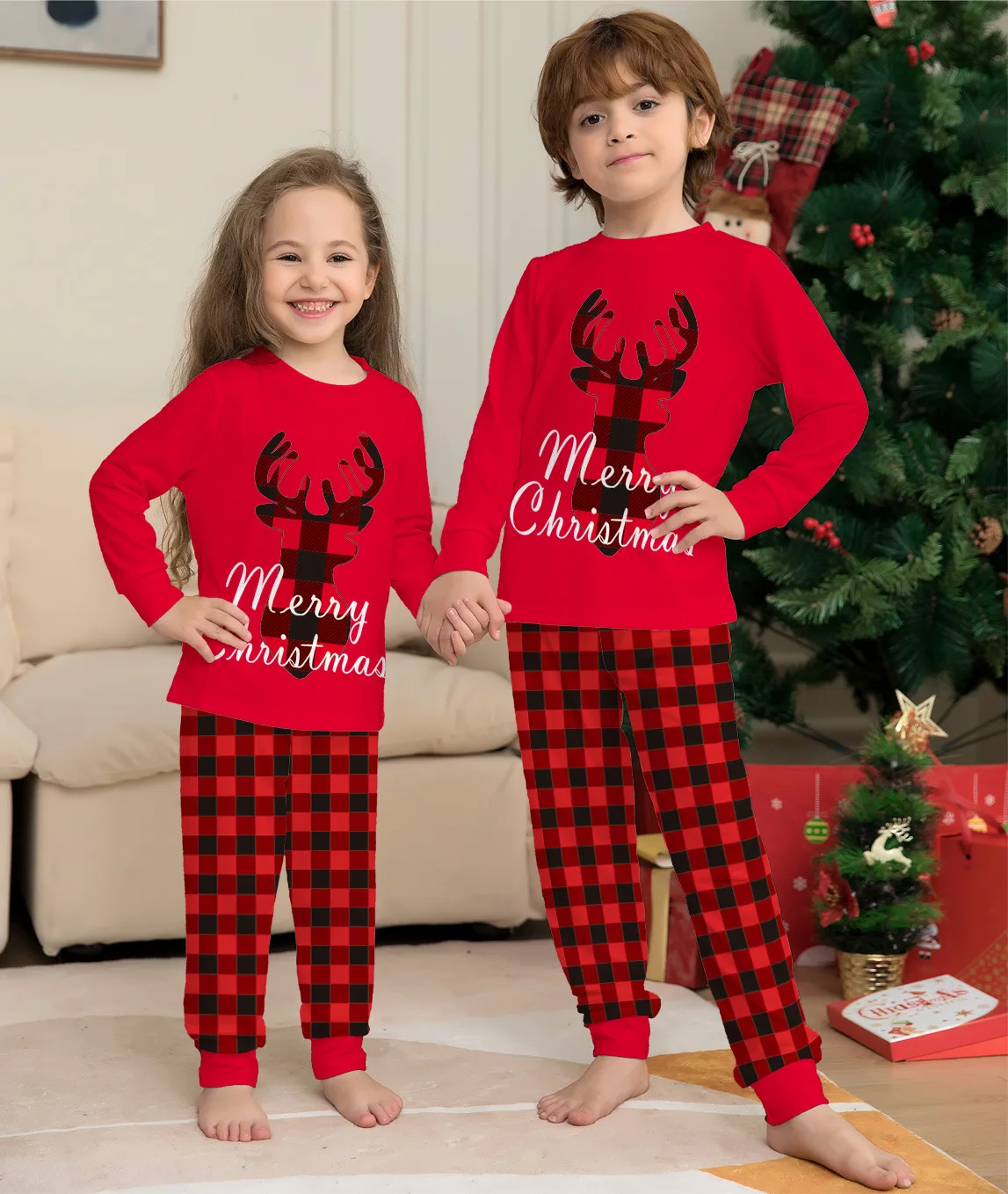 

Europe America Cross-border Letter Plaid Fawn Christmas Parent-child Wear Printed Homewear Pajamas Nightgown