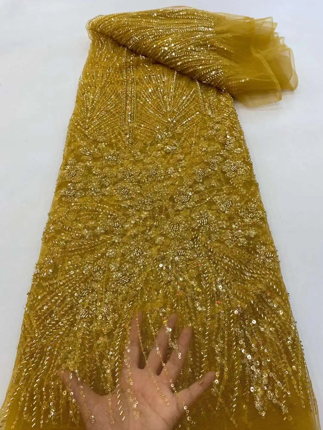 

2022 Africa New Arrival Yellow Handmade Beaded Tulle Lace French High Quality Luxury Sequin 5Yards Tulle Fabric Women Bride Dres