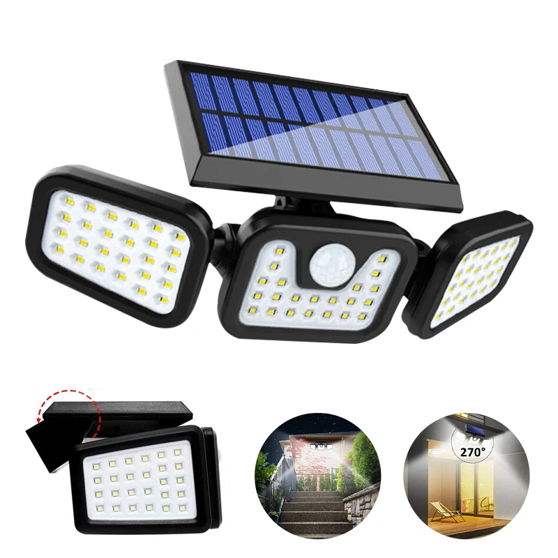 

74 LEDs 3 Head Motion Sensor Solar LED Light Outdoor 3 Modes Waterproof Solar Garden Wall Lamp