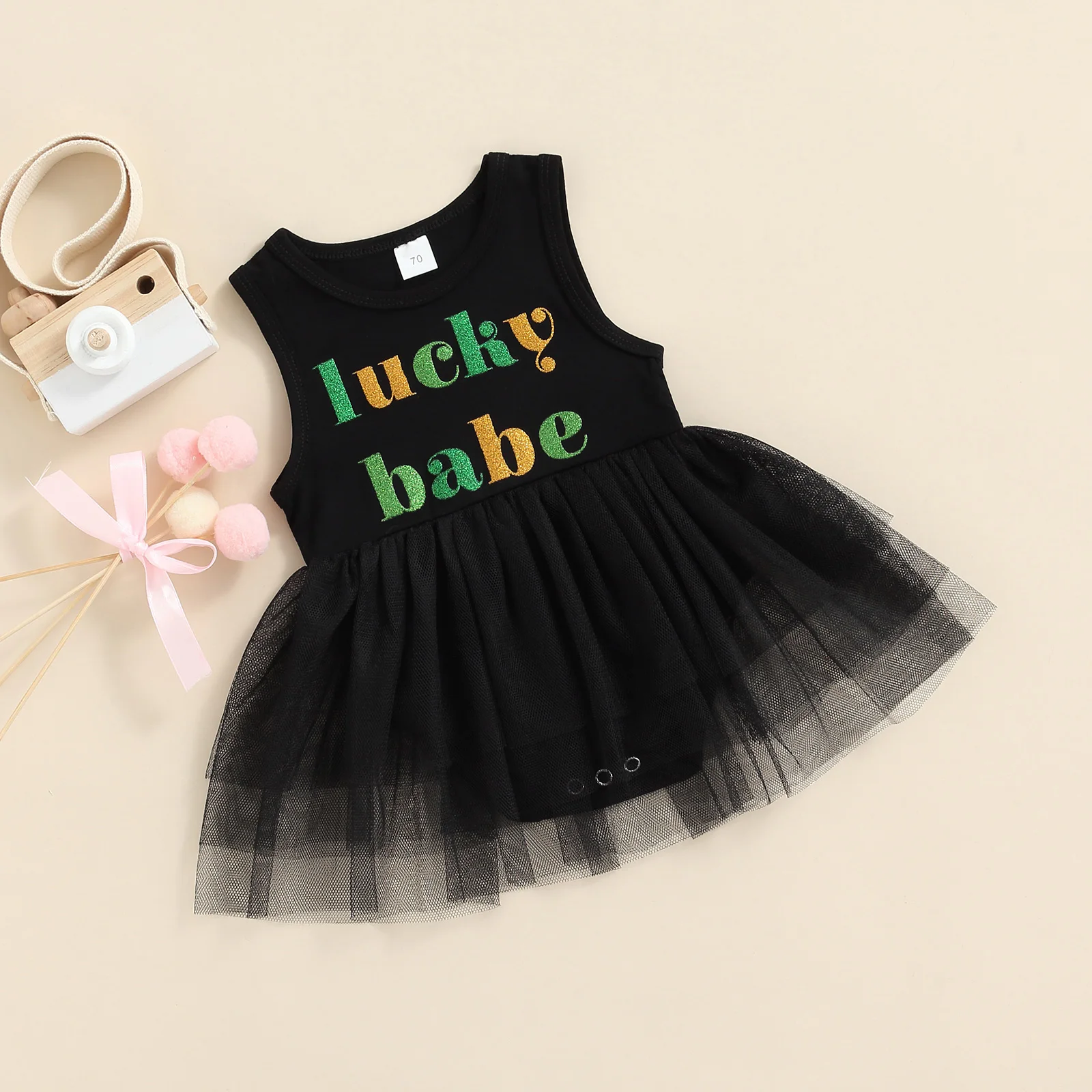 

Infant Baby Girls Casual Romper Dress, Black Round Neck Letters Pattern Sleeveless Yarn Jumpsuits , 0-18 Months 2022 New