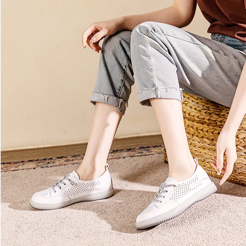Women's Shoes Platform Sneakers Flat 2023 New Head Layer Cowhide Openwork Ventilable Hole Shoes Small White Shoes Loafers