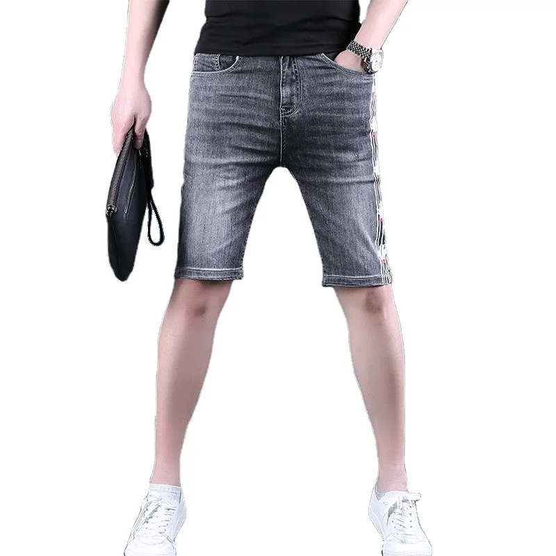 Summer Gray Shorts Men Fashion Side Stripe Printed Jeans Streetwear Casual Regular Straight Denim Shorts
