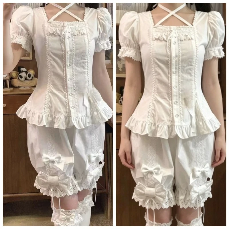 Фото Изящные кружевные блузки с длинными рукавами для молодых женщин в стиле Лолита, японский Харадзюку, эстетика Y2K, милые повседневные топы для субкультурного стиля №1