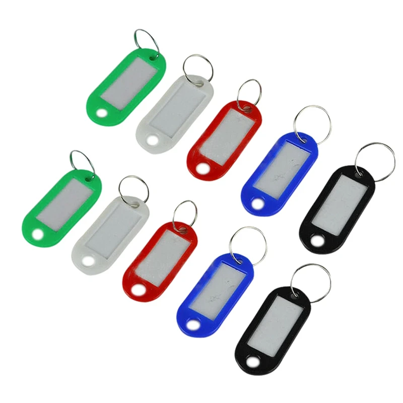 

100X Assorted Color Plastic Key ID Label Name Card Tags Keychains Keyrings