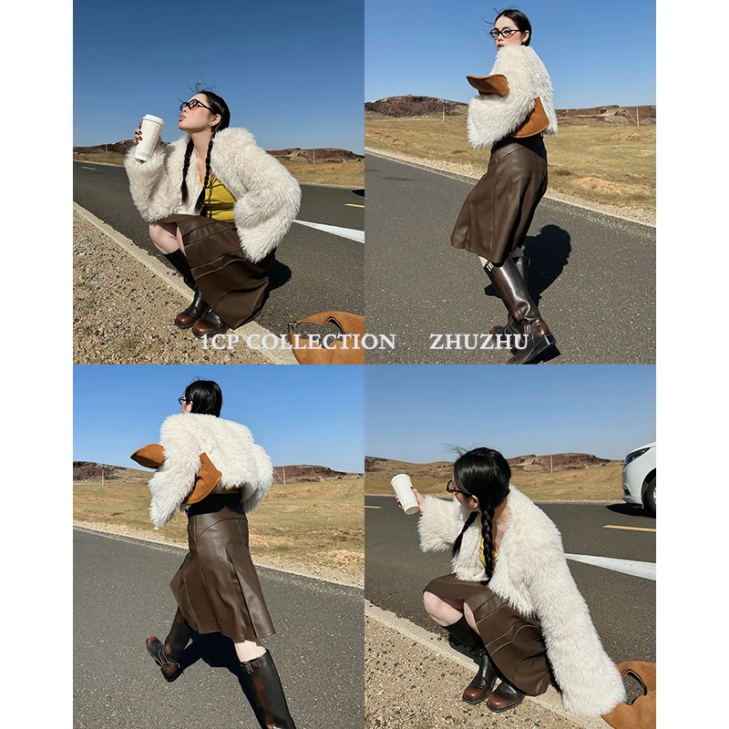 CP White Socialite Fur Outwear Female Heattech Thick 2023 Winter New Brown Long Easiest for Match Tops
