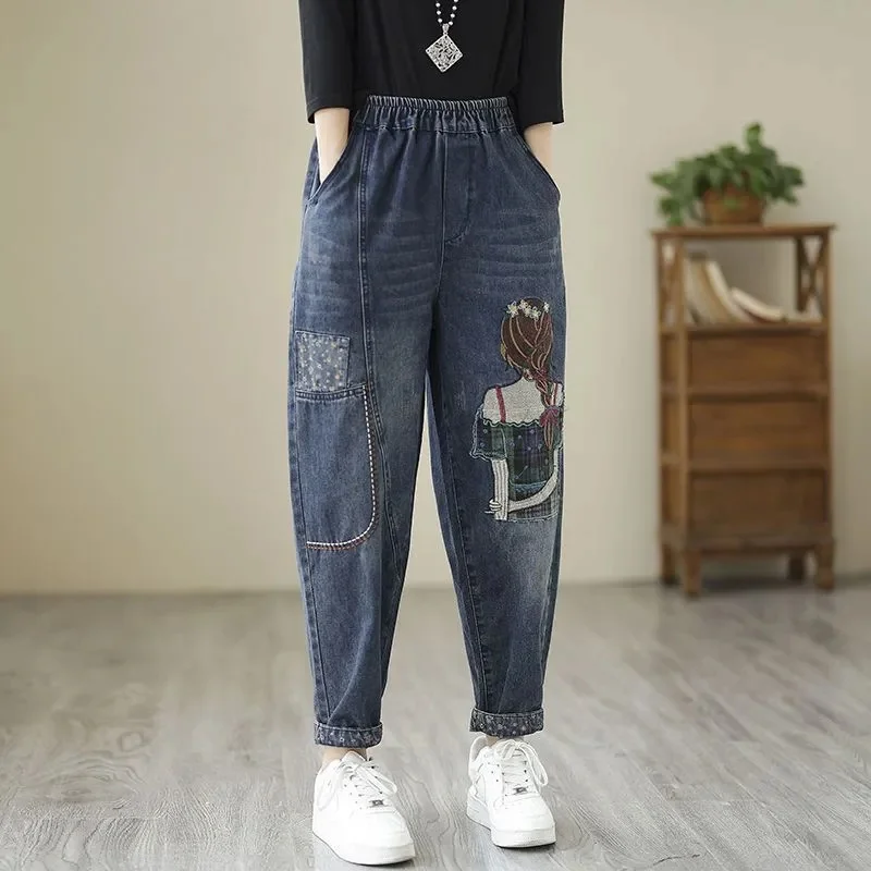 Женские джинсы с вышивкой утепленные ковбойские брюки в стиле ретро