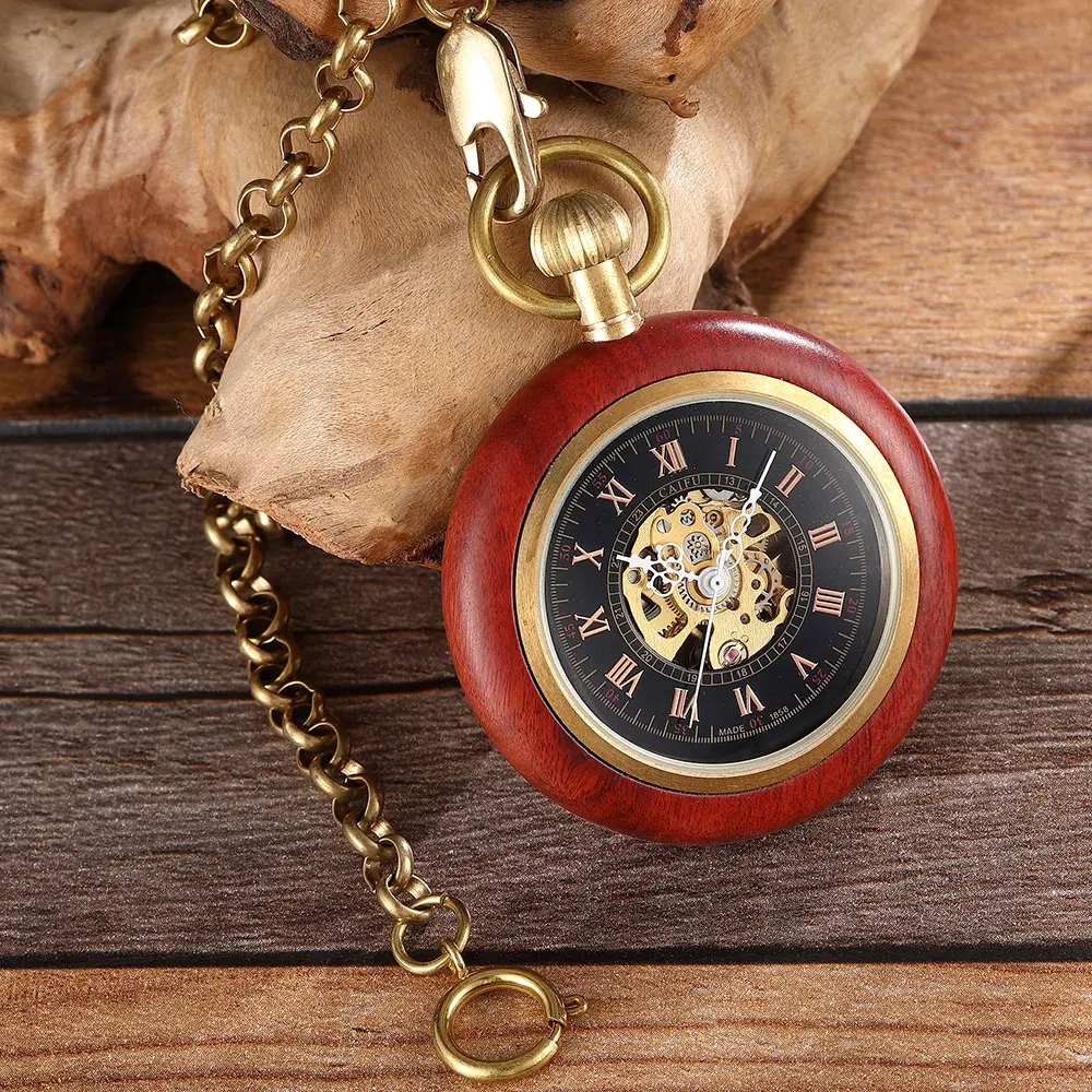 Wooden Gold Pocket Mechanical Watch Ladies Men's Hand Wind Chain Necklace Top Rose Black Wood Watches For Men and Women