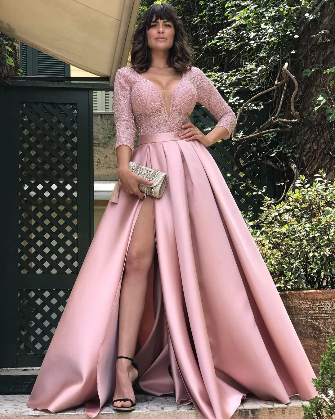 2022 Women Elegant Prom Dress Sexy Sequined Deep V-neck Half Sleeve High Split Fashion Swing Plus Size Evening Dresses 5XL
