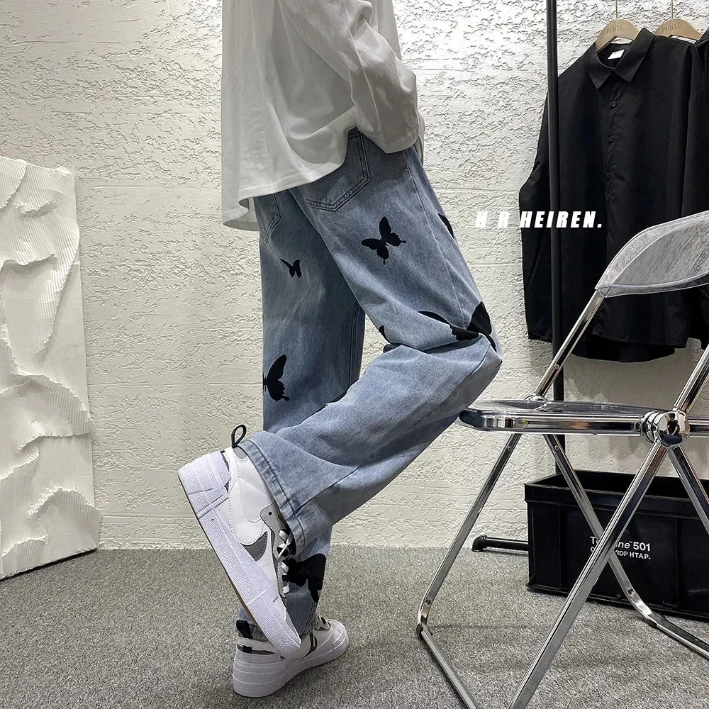 N GIRLS 2021 Butterfly Print Jeans Men Pants Oversize Baggy Jeans Casual Denim Pants Streetwear Straight Fashion Trousers
