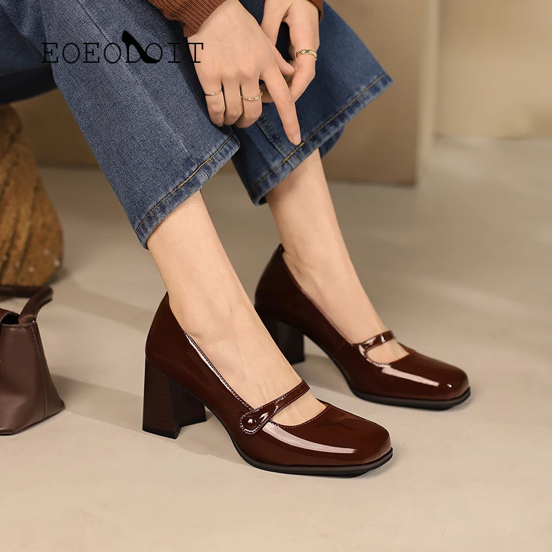 EOEODOIT New Leather Heels Shoes Women Fashion Retro Square Toe Slip On Loafers Office OL Party Pumps | Обувь