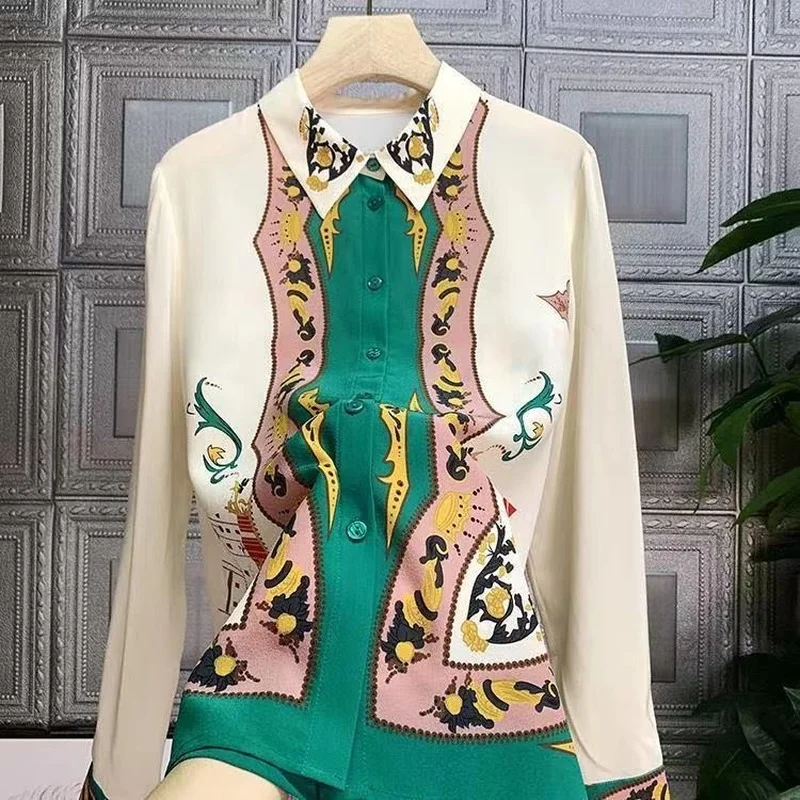 

Imitation Silk 2022 Autumn New Shirt Women Long Sleeve Fashion Contrast Color Printing Top Camisas
