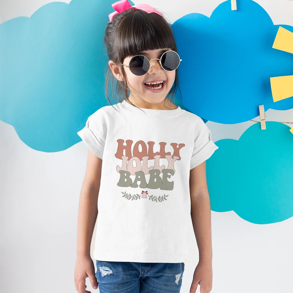 Holly Jolly Babe T-shirts Kids Girls Fashion Christmas Clothes Cartoon Short Sleeve Home Casual Toddler Tees Children Clothes