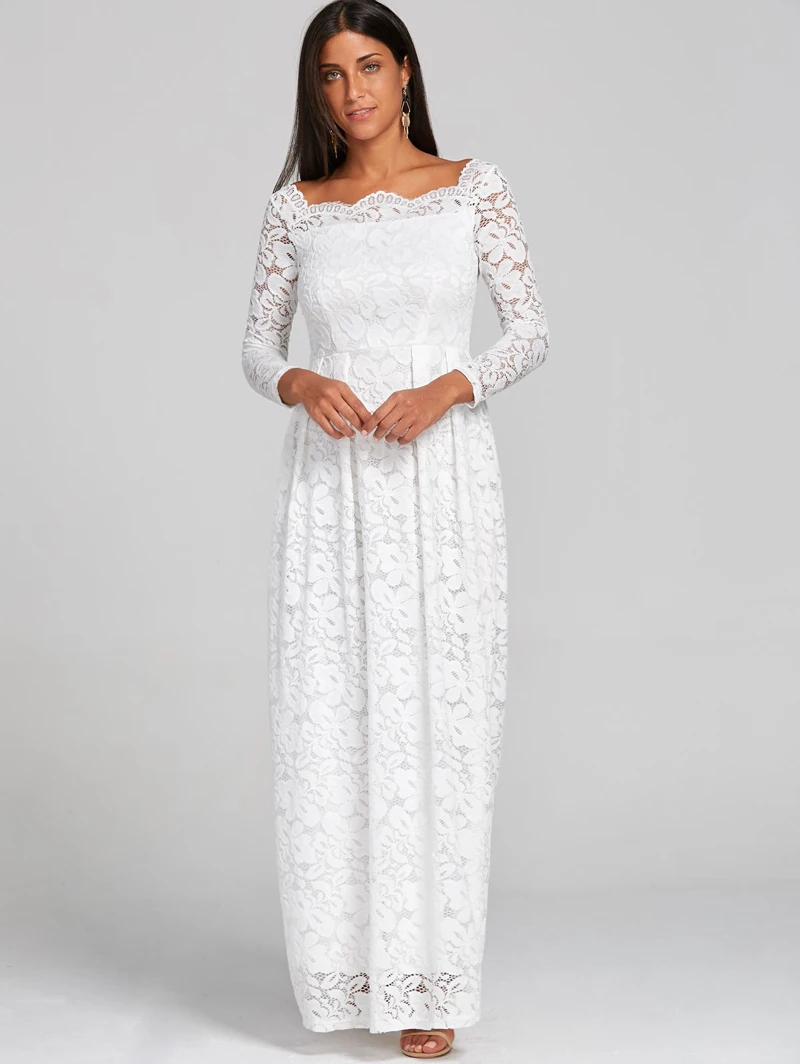 

Wedding vestido de festa Women Long Sleeve Elegant Ladies Cocktail White Lace Prom Evening Party Long Maxe dress
