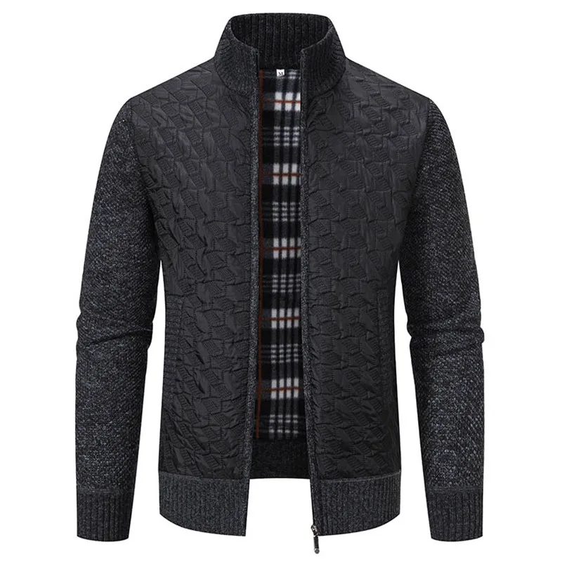 

New Autumn Winter Men's Sweatercoat Jackets Fashion Slim Stand Collar Knitted Outerwear Coat Men Casual Knit Patchwork Jacket