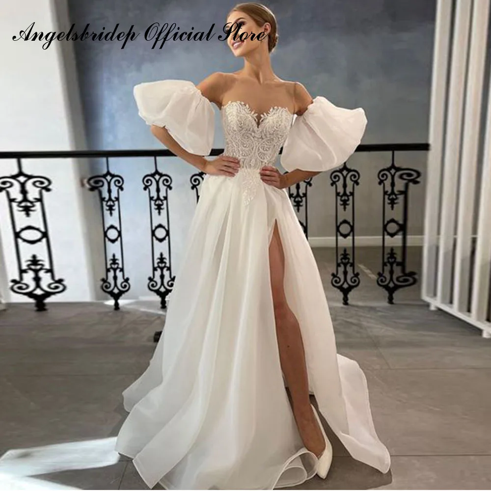 

Angelsbridep Sweetheart Wedding Dresses Long A-line Puff Sleeves Lace Organza Vestido De Noiva Long Side Split Robe De Mariée