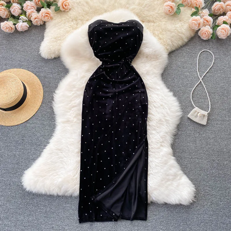 

Summer Dress 2022 Sexy elegant clothes Polka-dot Slit Velvet Wrap Dress Party Bodycon Black Dress Formal Dresses for Women