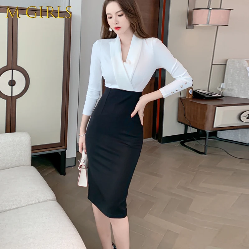 

M GIRLS new arrival fashion spring autumn women korean v-neck stitching slim professional pencil dress temperament office lady