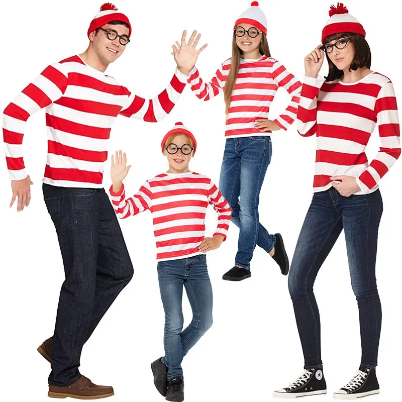 Полосатая Рубашка Wheres Waldo Костюм Унисекс Для Косплея С Очками Шляпа Носки