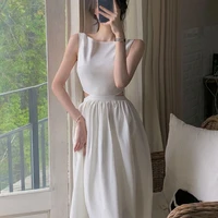summer french midi dress white black elegent party female sexy fashion slim clothes vestidos waist cutout solid prom y2k vintage