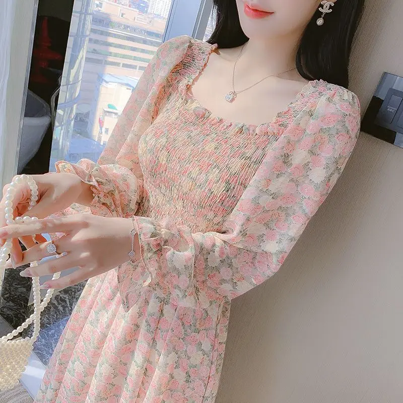

2023 Floral Chiffon Dress Women Sweet Puff Sleeve Empire Vintage Fairy Slim Square Collar Vestido Pink Temperament Elegant Chic