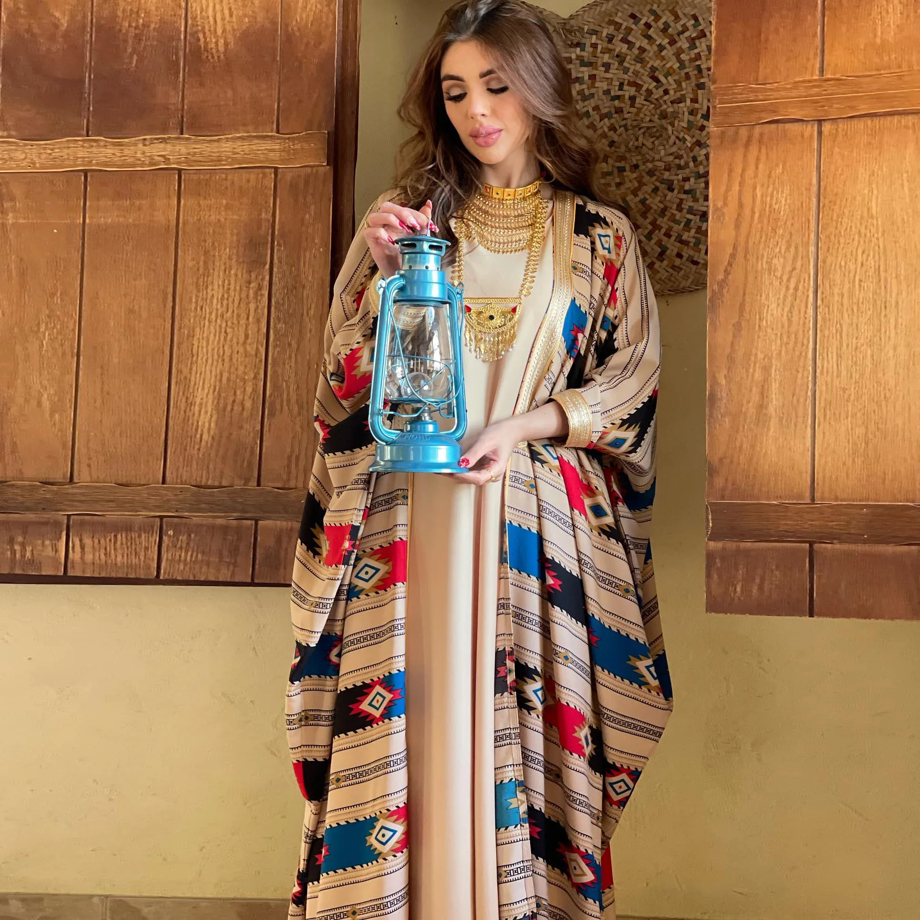 Fashion Women's Stripe Bat Sleeve Muslim Coat Solid Tank Skirt Two Piece Abaya Dress Abayas for Women Dubai 2022 Baratas