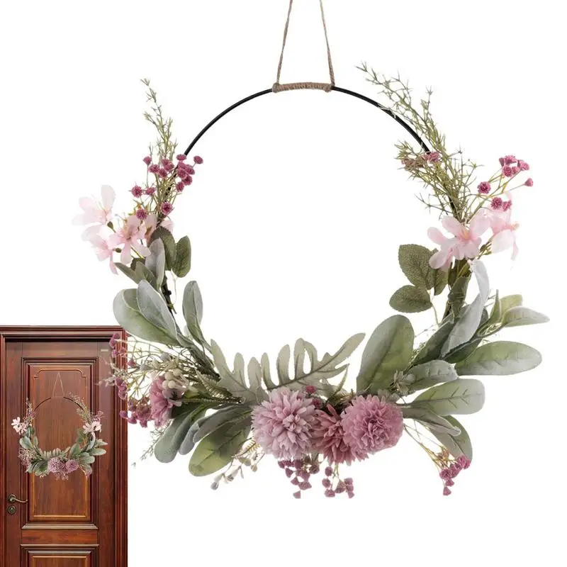 

Весенний венок, искусственный венок для входной двери с розовыми цветами и зелеными листьями, разноцветная вешалка для двери в фермерском стиле для весны и лета