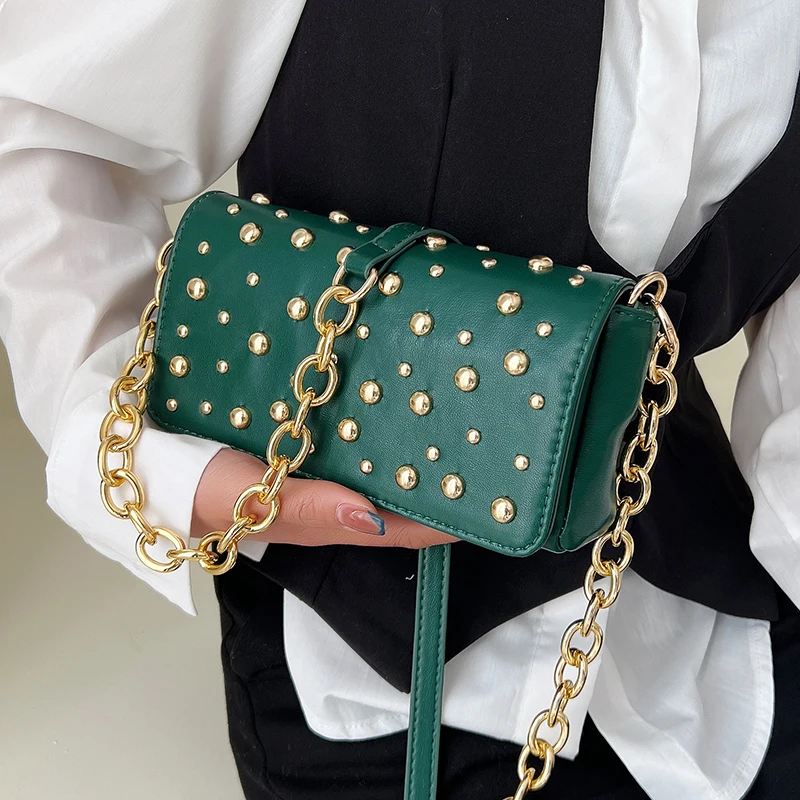 

Studded Chain Famous Brand PU Leather Flap Crossbody Bags for Women 2022 Hit Fashion One Shoulder Bag Lady Luxury Small Handbags