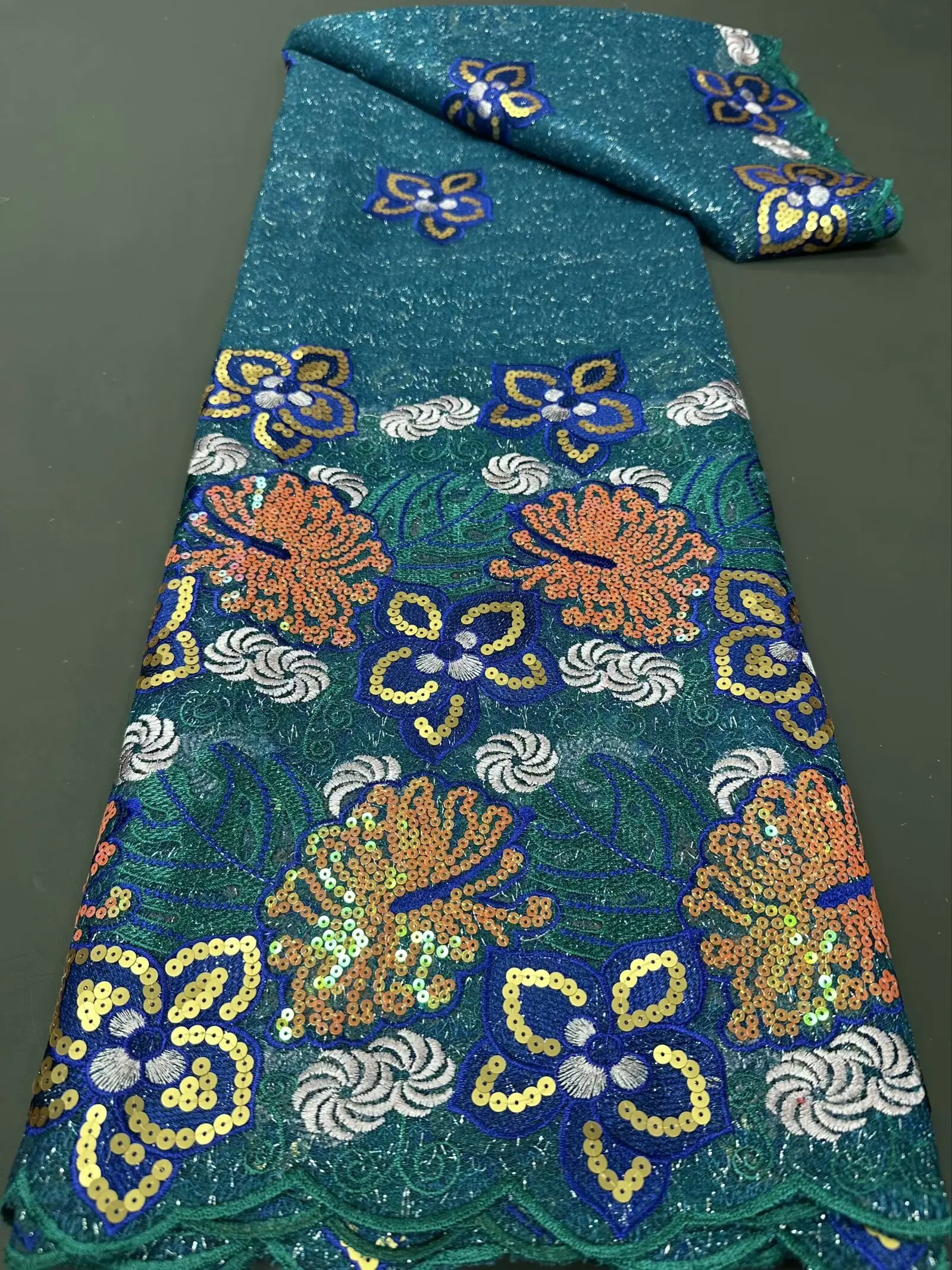 Новая бархатная кружевная 3D красочная зеленая ткань с блестками 2025 Высокое